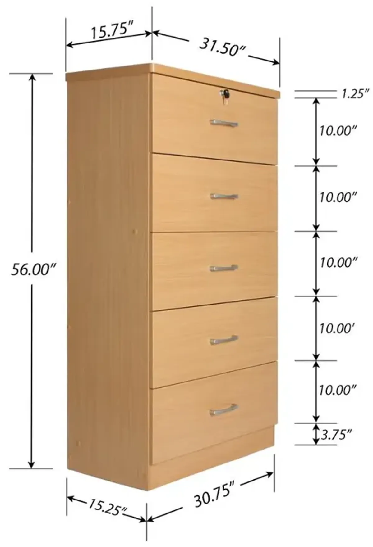 Better Home Products Olivia Wooden Tall 5 Drawer Chest Bedroom Dresser in Beech