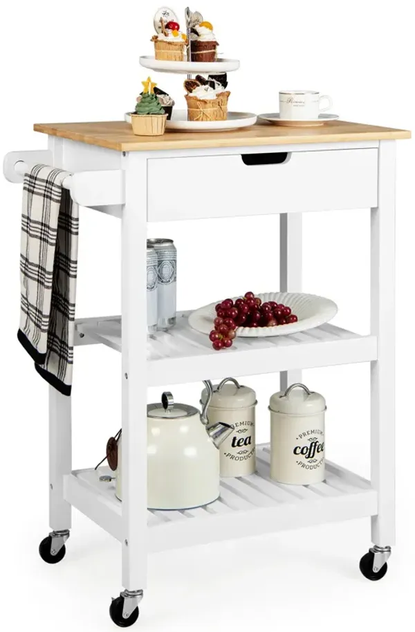 3-Tier Kitchen Island Cart Rolling Service Trolley with Bamboo Top