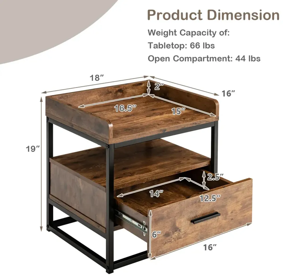 3-tier Nightstand with Drawer and Raised Top Baffles