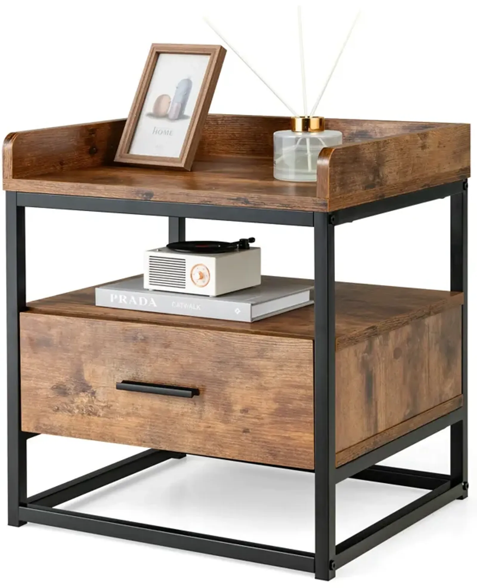 3-tier Nightstand with Drawer and Raised Top Baffles