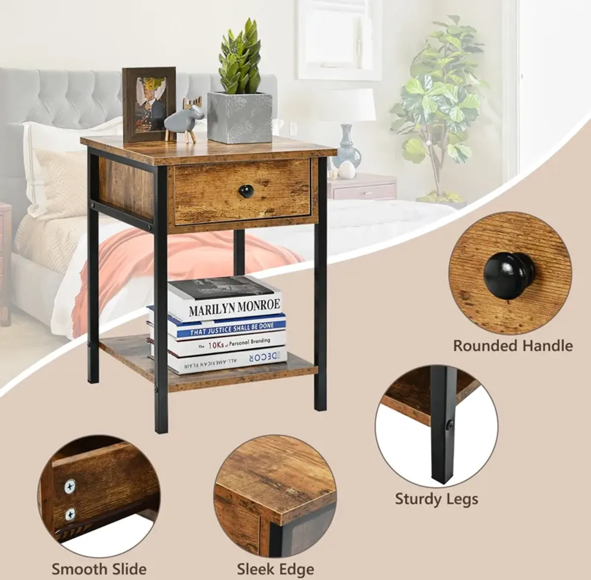 Industrial End Side Table Nightstand with Drawer Shelf-Rustic Brown