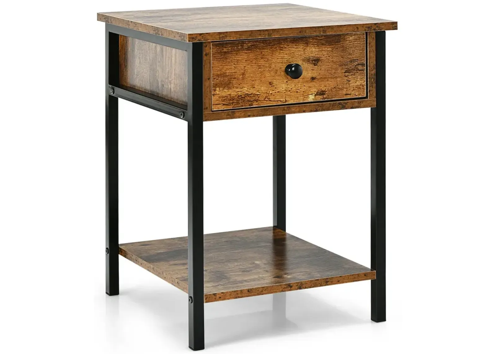 Industrial End Side Table Nightstand with Drawer Shelf-Rustic Brown