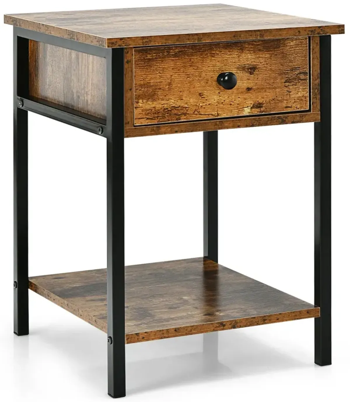 Industrial End Side Table Nightstand with Drawer Shelf-Rustic Brown