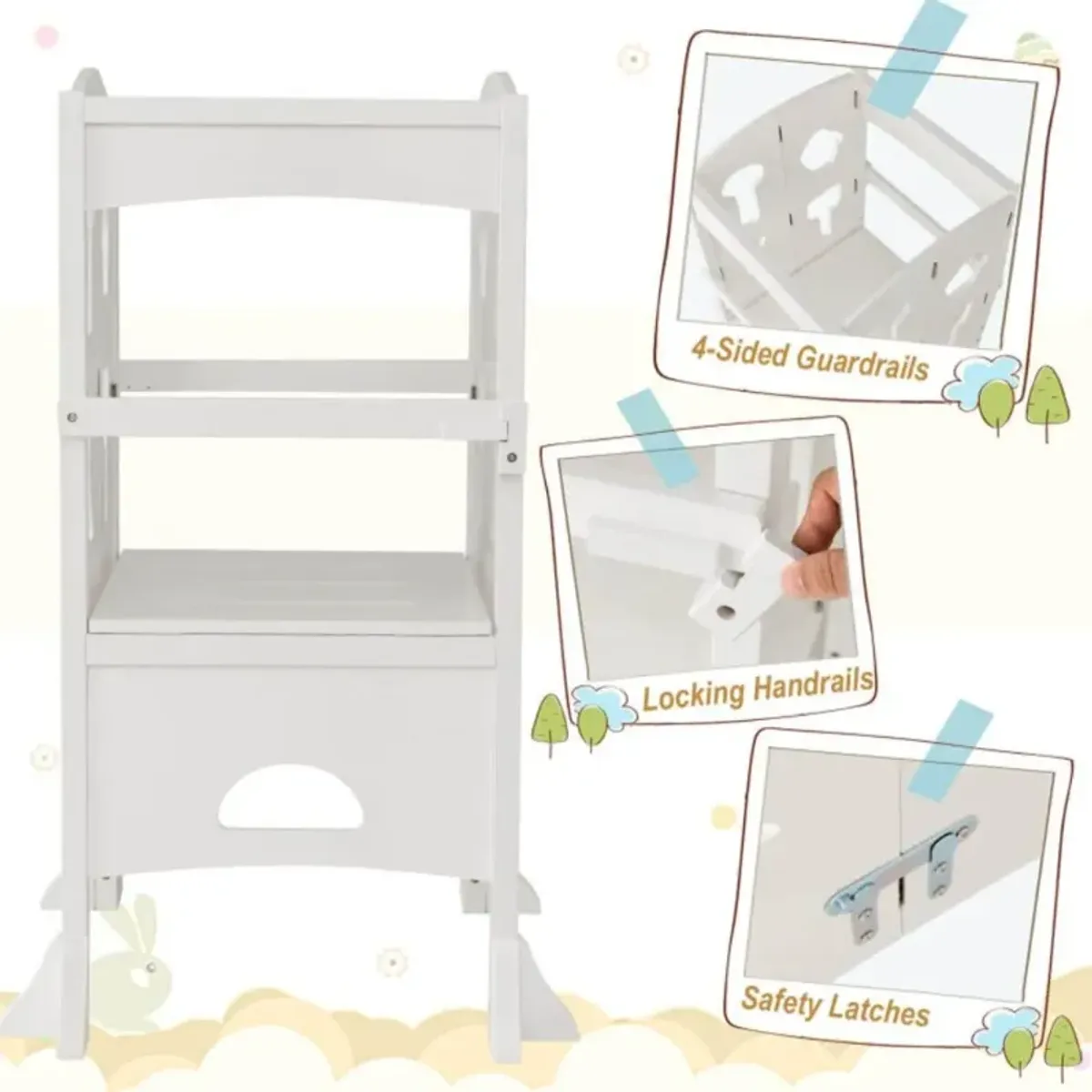 Hivvago Folding Wooden Step Stool with Lockable Safety Rail for Toddler 3+