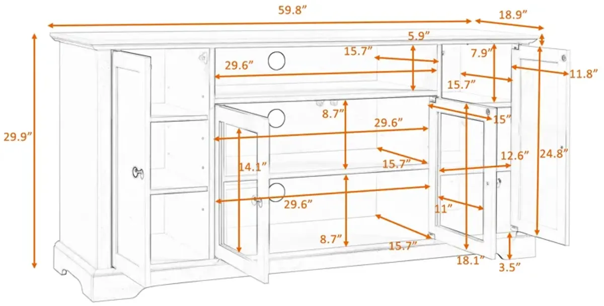 TV Stand for TV up to 65in with 2 Tempered Glass Doors Adjustable Panels Open Style Cabinet, Sideboard for Living room, Black