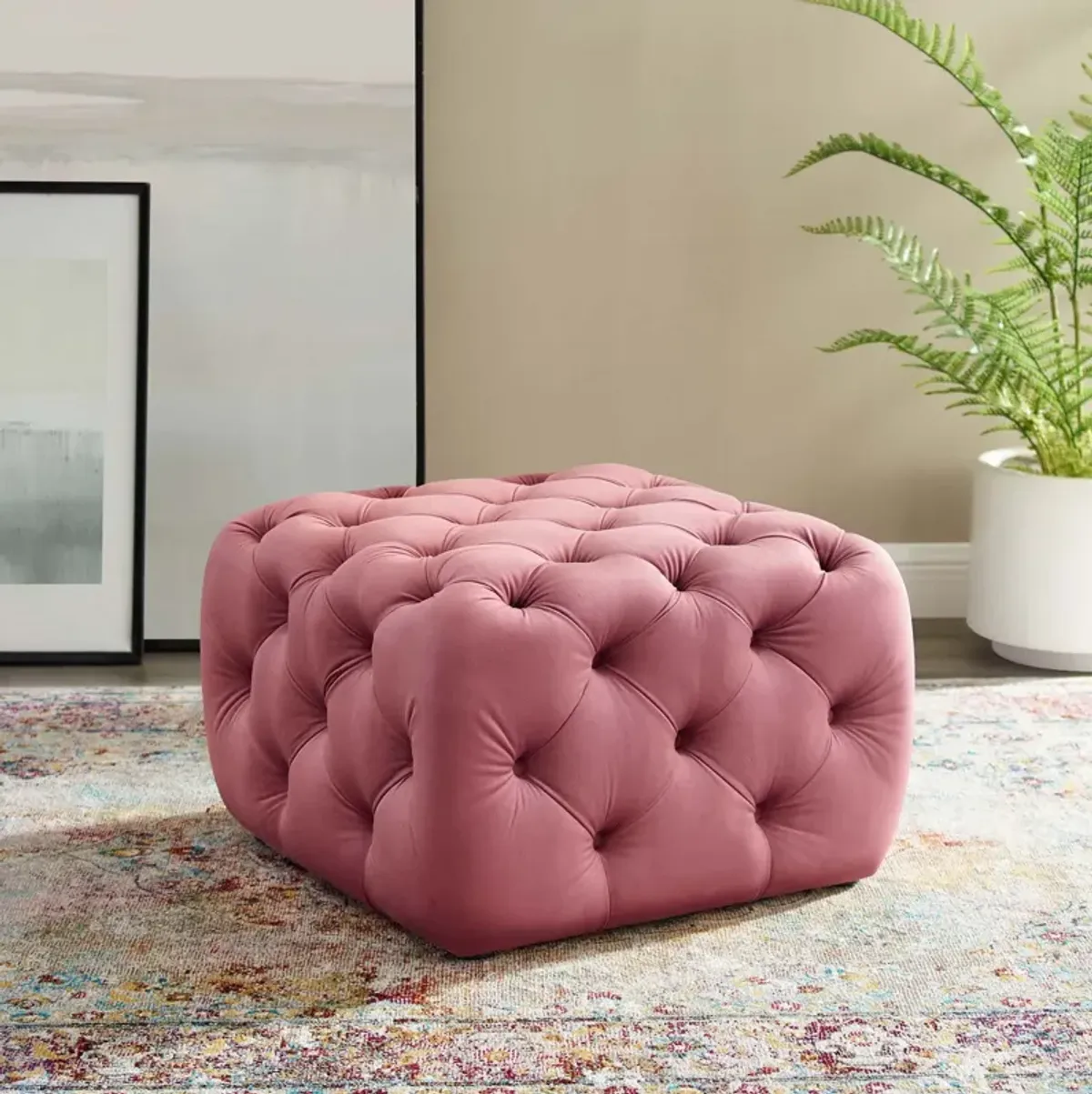 Amour Tufted Button Square Performance Velvet Ottoman