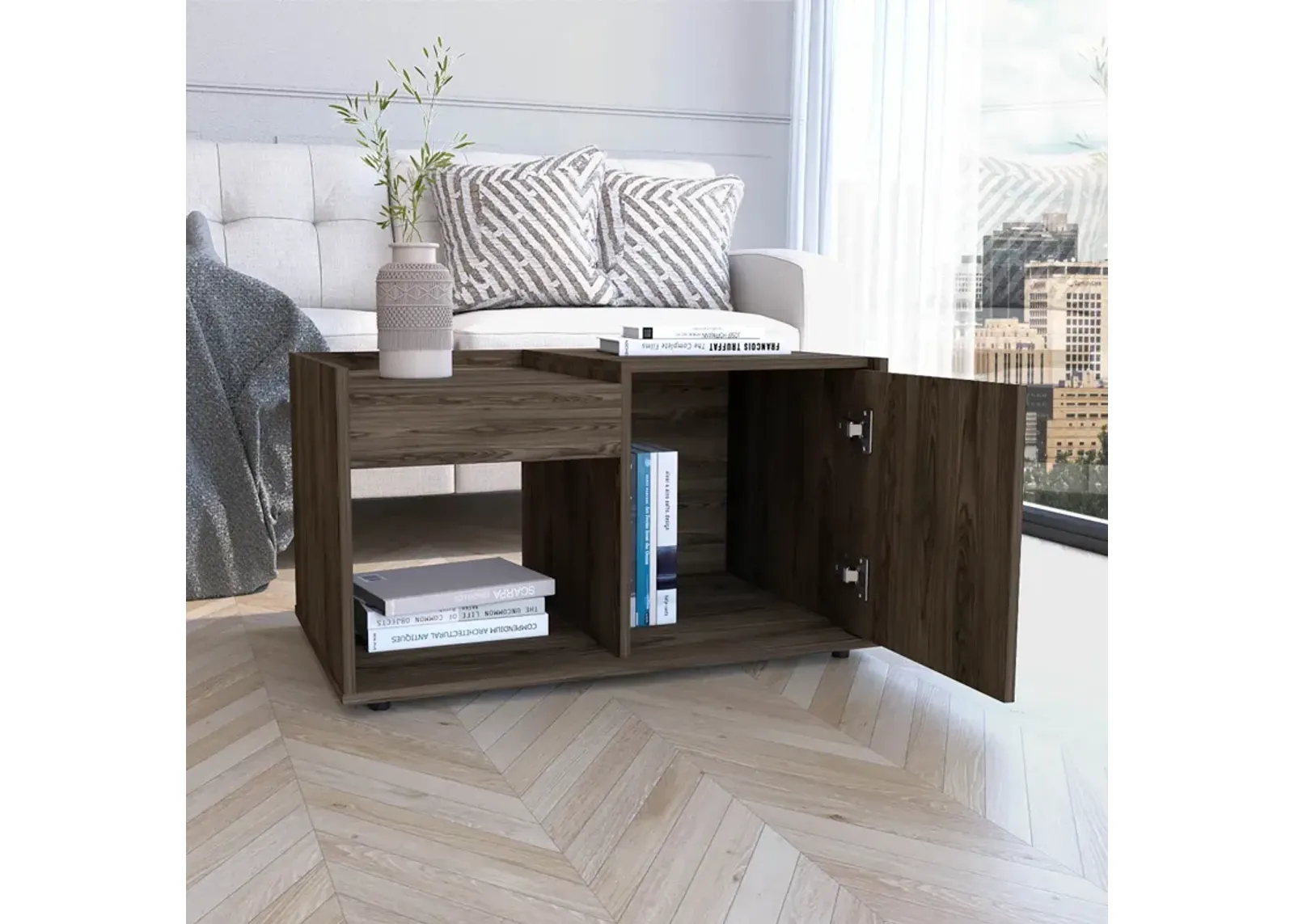 Lyon Coffee Table, Single Door Cabinet, One Open Shelf Dark Walnut