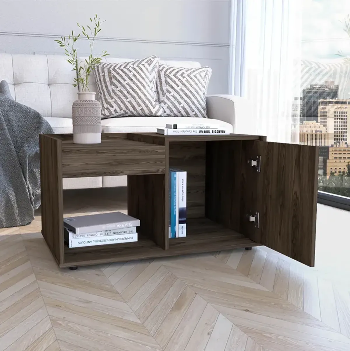 Lyon Coffee Table, Single Door Cabinet, One Open Shelf Dark Walnut