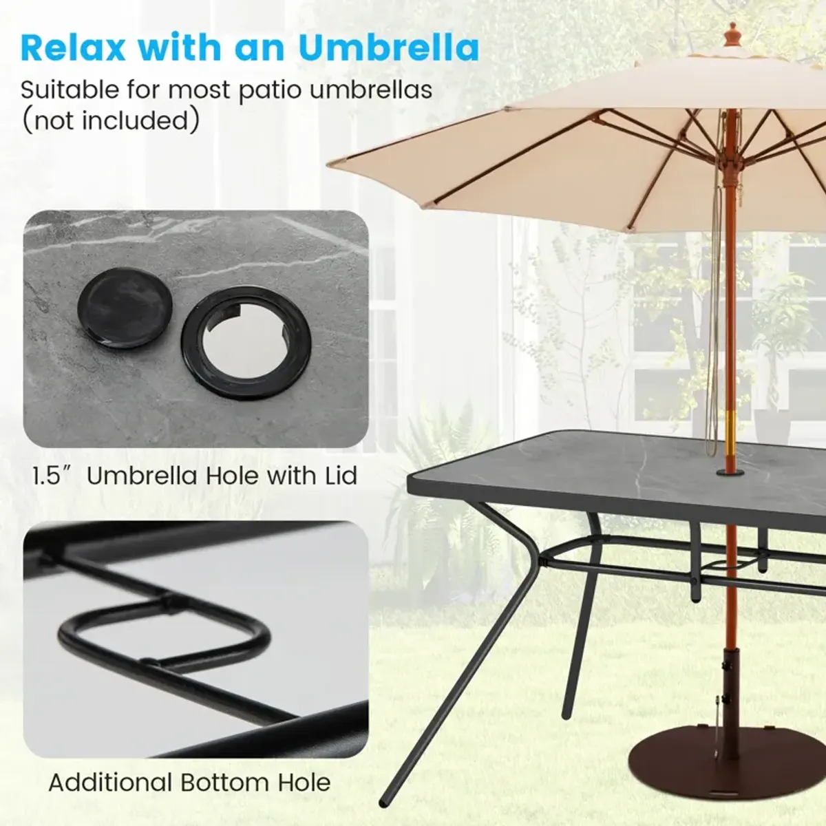 49 Inch Patio Rectangle Dining Table with Umbrella Hole-Gray