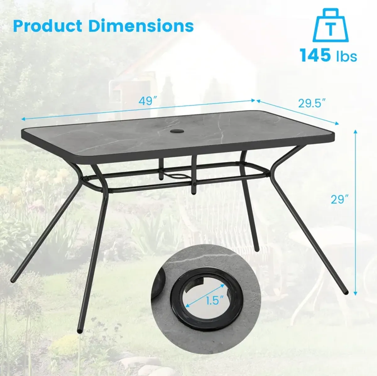 49 Inch Patio Rectangle Dining Table with Umbrella Hole-Gray