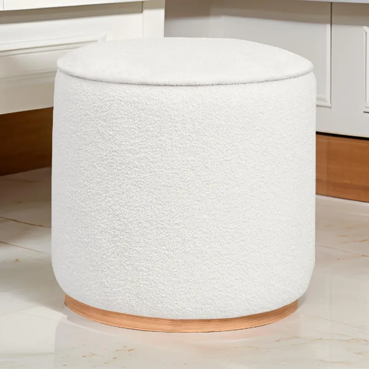 Zia 19 Inch Ottoman, White Faux Sheepskin Upholstery, Round Platform Base - Benzara