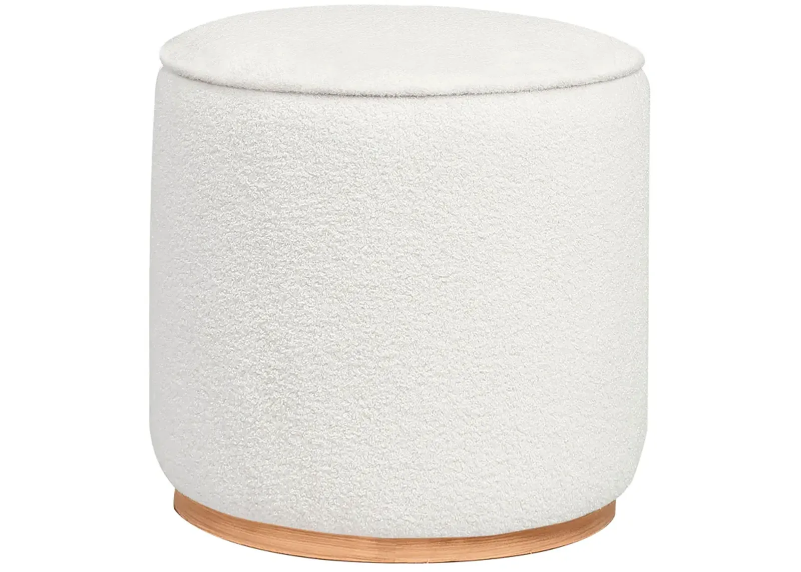 Zia 19 Inch Ottoman, White Faux Sheepskin Upholstery, Round Platform Base - Benzara