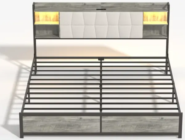 King Size Bed Frame with LED Light & Power Outlet, Platform Bed with Upholstered Headboard and Storage, Sturdy Metal Slats Support, No Box Spring Needed, Easy Assembly, Noise-Free