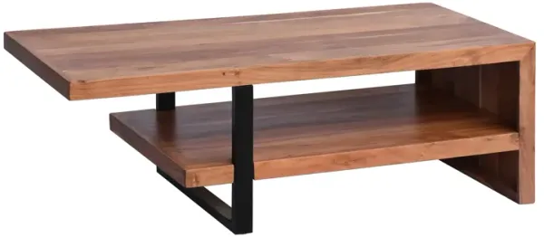 52 Inch Handcrafted Live Edge Coffee Table,  Black Iron Frame, Brown Acacia Wood-Benzara