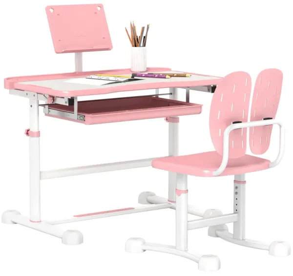Qaba Kids Desk and Chair Set, Height Adjustable Kids School Study Desk and Chair Set with Tilt Desktop, Storage Drawer & Book Stand for Writing, Reading and Drawing, Blue