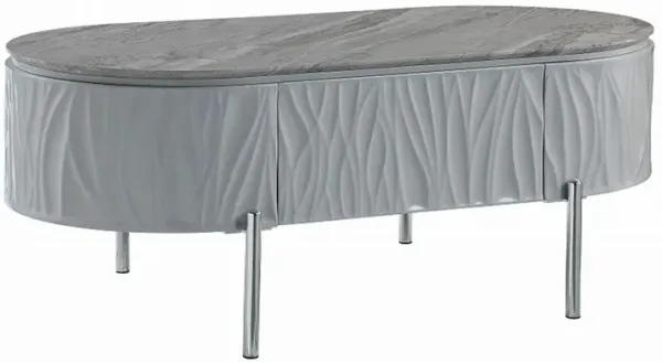 Doug Coffee Table, Gray High Gloss, Chrome Metal, Gray Wood, 47 Inch - Benzara