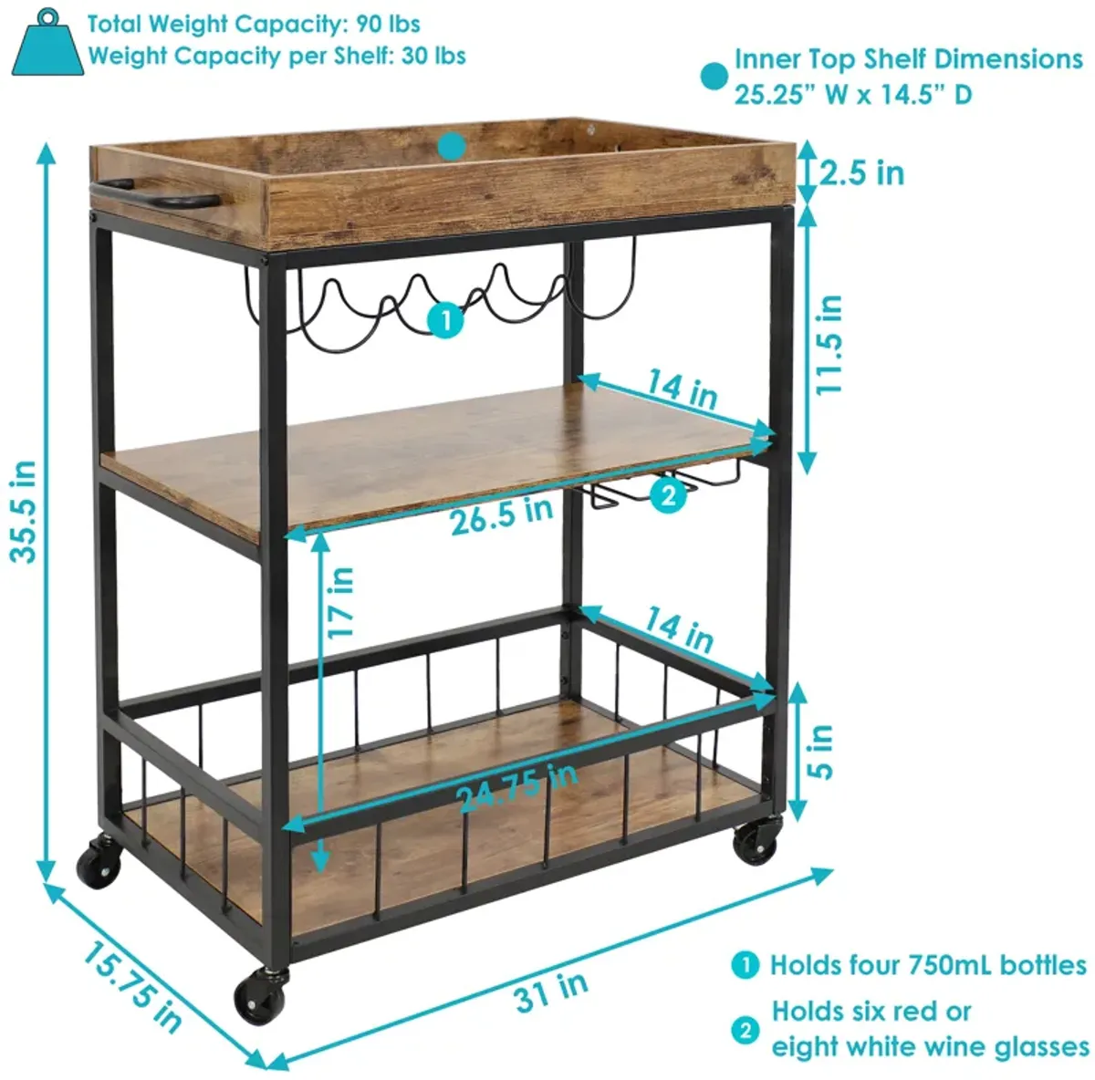 Sunnydaze 3-Tier Industrial Rolling Bar Cart with Wine Rack - 35 in