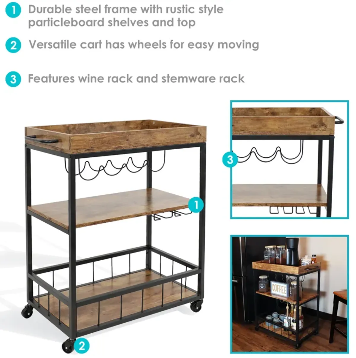 Sunnydaze 3-Tier Industrial Rolling Bar Cart with Wine Rack - 35 in