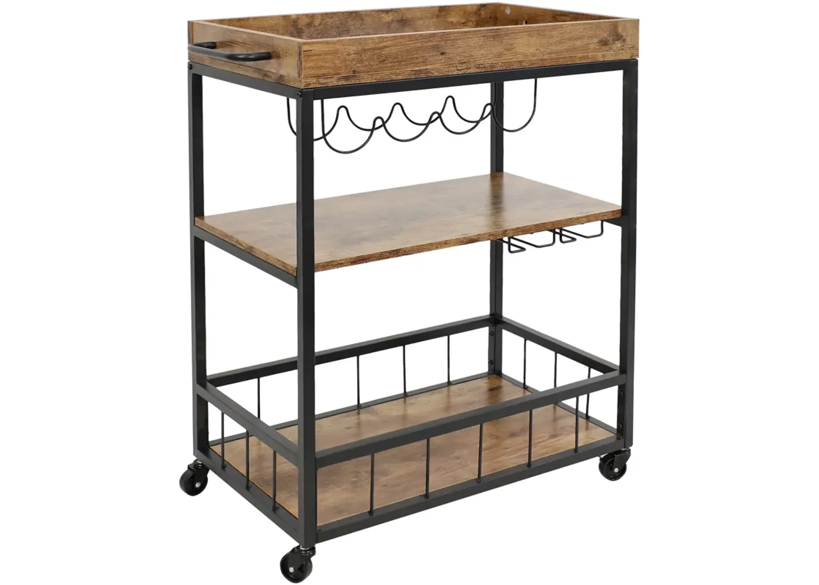 Sunnydaze 3-Tier Industrial Rolling Bar Cart with Wine Rack - 35 in