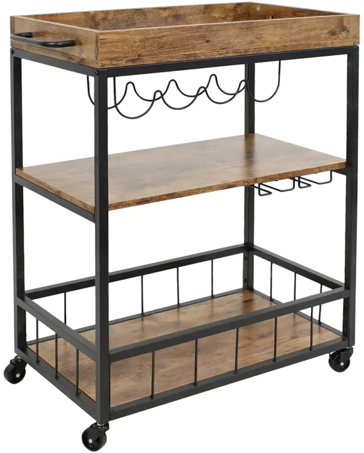 Sunnydaze 3-Tier Industrial Rolling Bar Cart with Wine Rack - 35 in