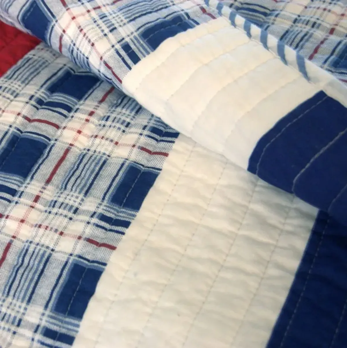 50 x 60 Quilted Throw Blanket, Cotton Fill, Solid, Plaid Stripes, Red, Blue