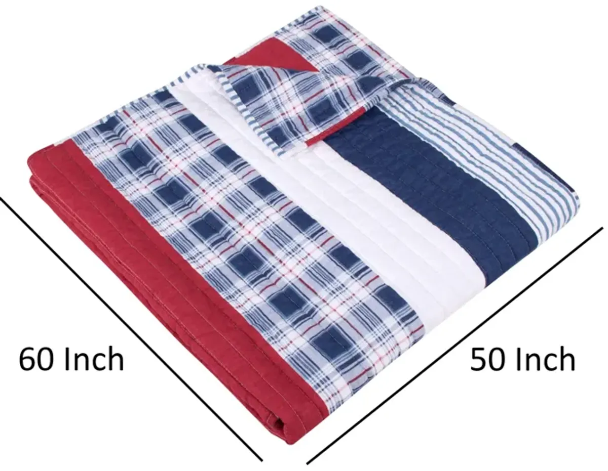 50 x 60 Quilted Throw Blanket, Cotton Fill, Solid, Plaid Stripes, Red, Blue