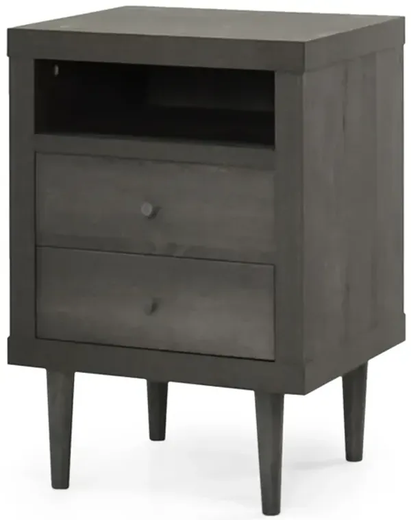 Minie Nightstand with 2 Drawers, Shelf, Rubberwood Legs, Dark Gray - Benzara