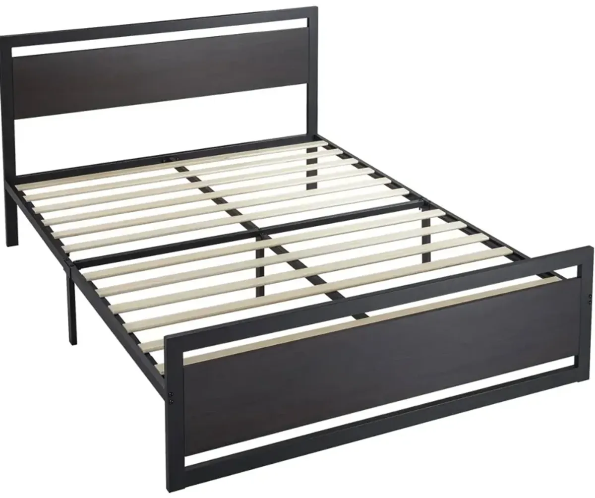 Hivvago Queen Black Metal Platform Bed Frame with Wood Panel Headboard and Footboard