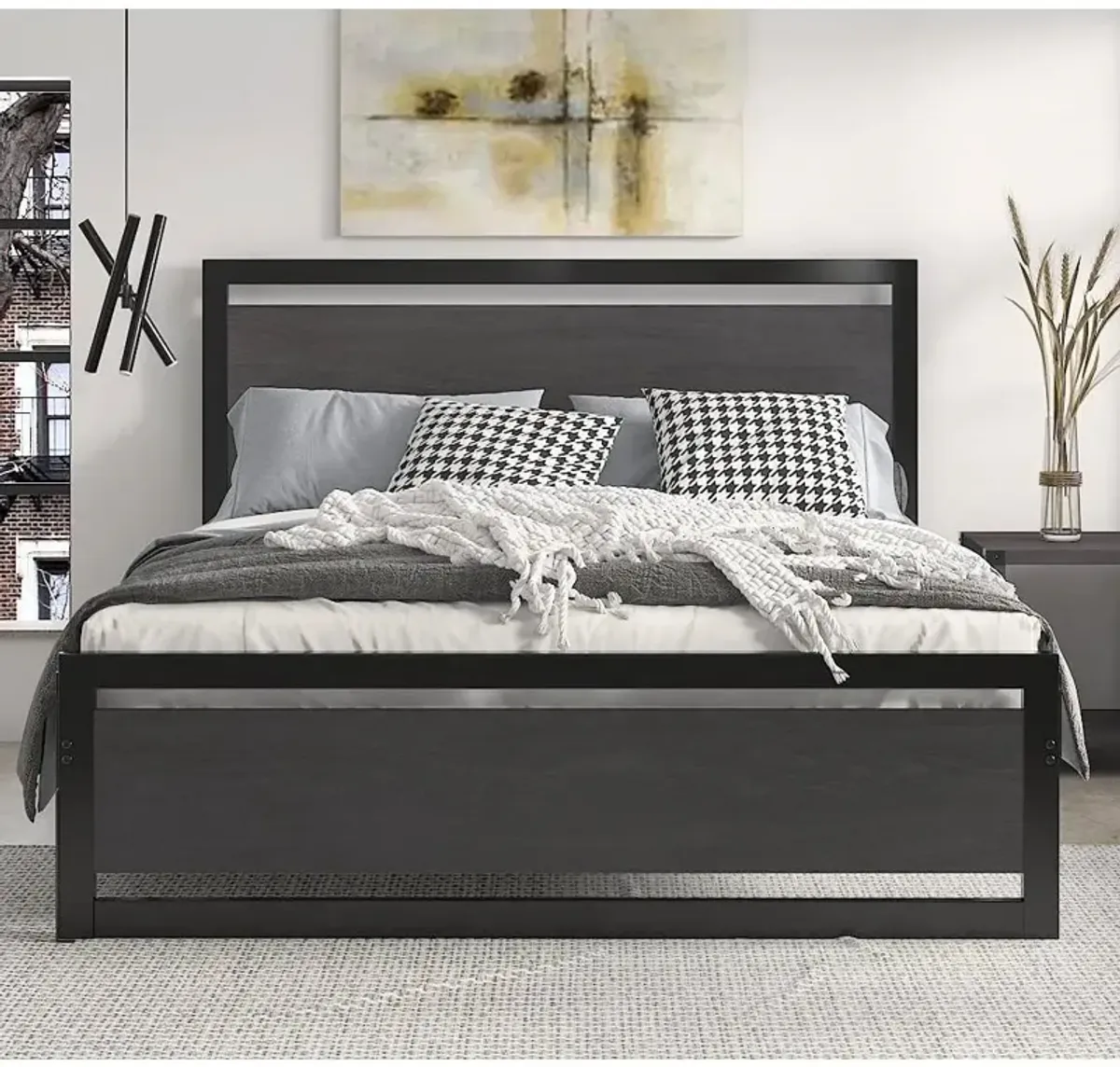 Hivvago Queen Black Metal Platform Bed Frame with Wood Panel Headboard and Footboard