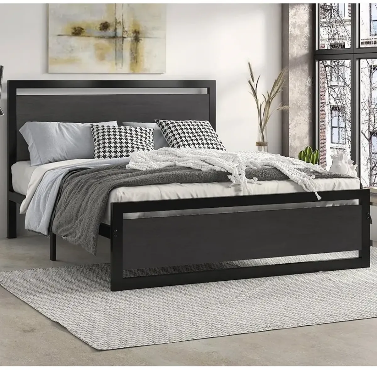 Hivvago Queen Black Metal Platform Bed Frame with Wood Panel Headboard and Footboard