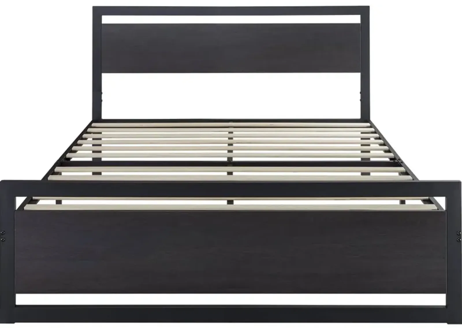 Hivvago Queen Black Metal Platform Bed Frame with Wood Panel Headboard and Footboard