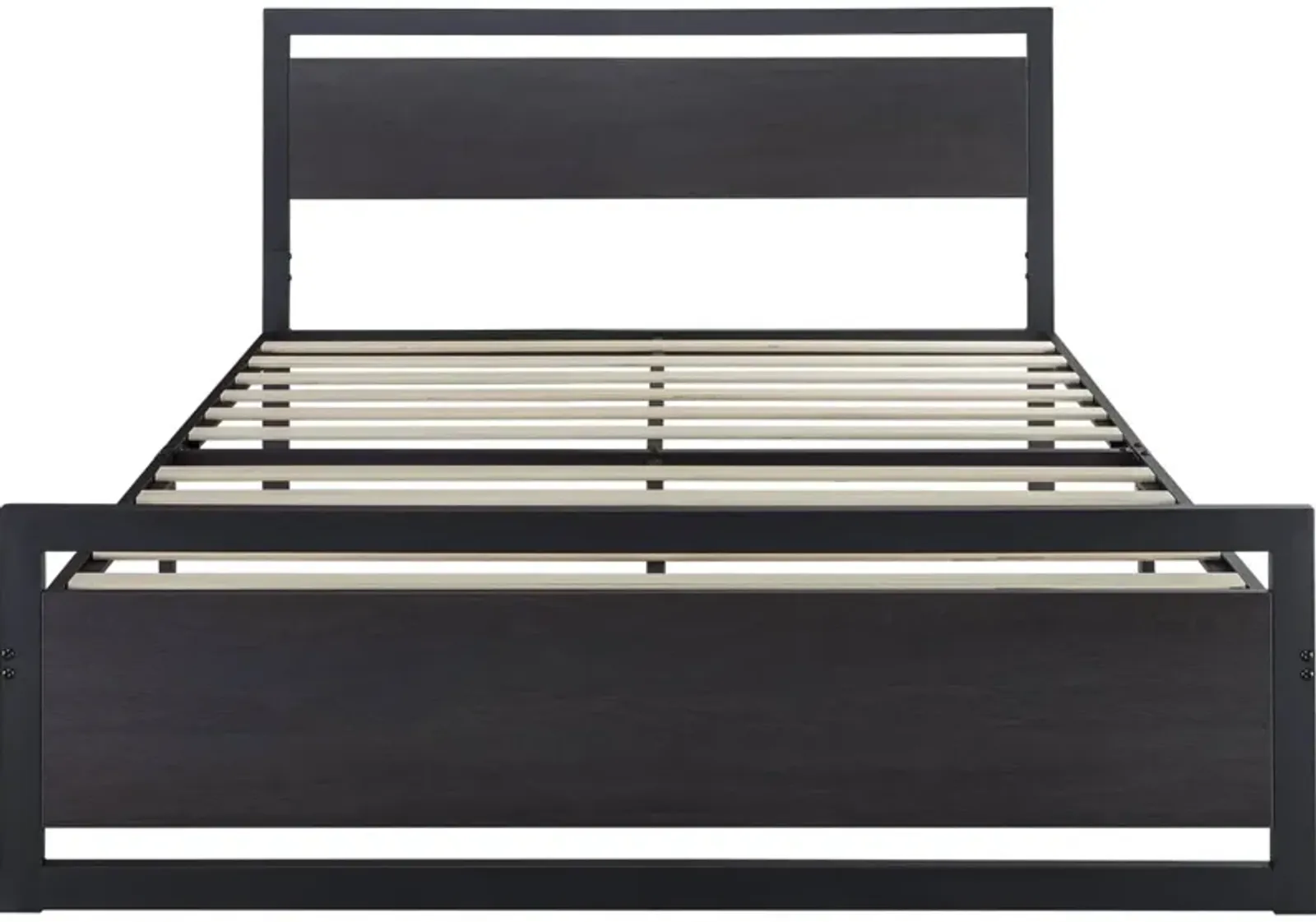 Hivvago Queen Black Metal Platform Bed Frame with Wood Panel Headboard and Footboard