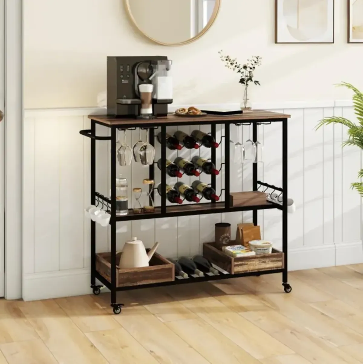 Hivvago 3 Tiers Bar Cart on Wheels with Glass Racks