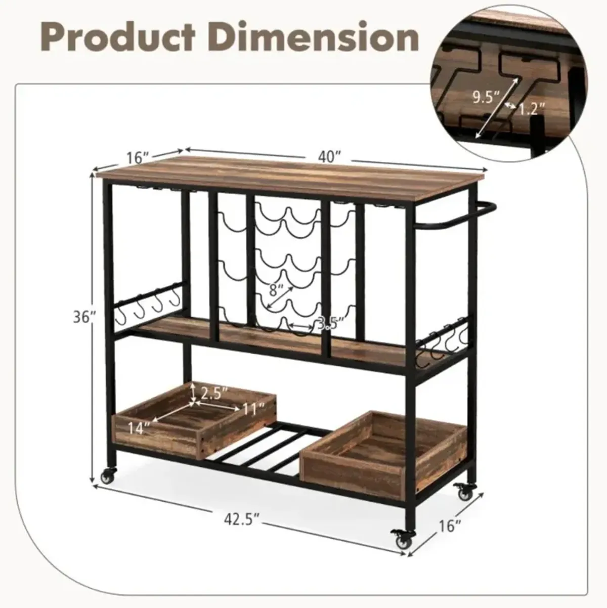 Hivvago 3 Tiers Bar Cart on Wheels with Glass Racks