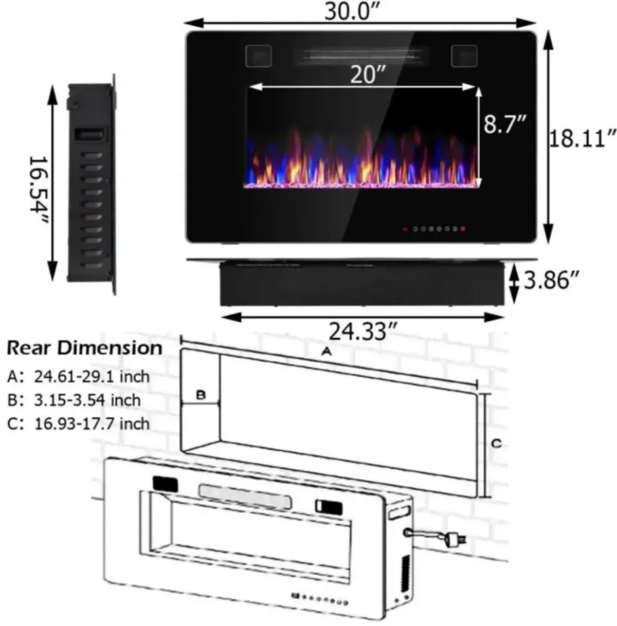 Hivvago 30-Inch Recessed Ultra Thin Electric Fireplace Heater with Glass Appearance