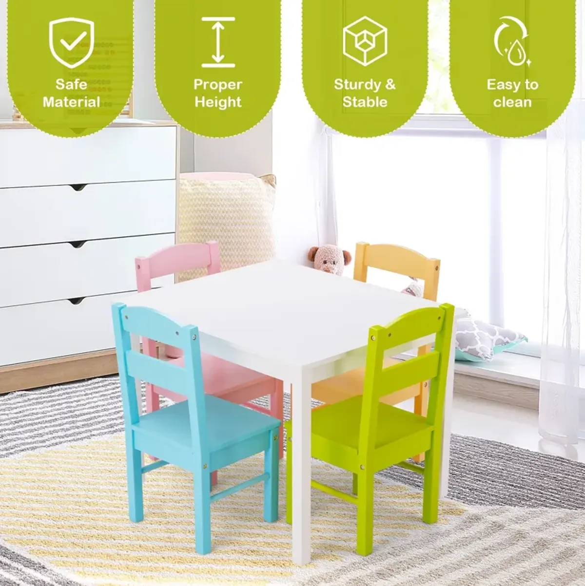 5 pcs Kids Pine Wood Table Chair Set