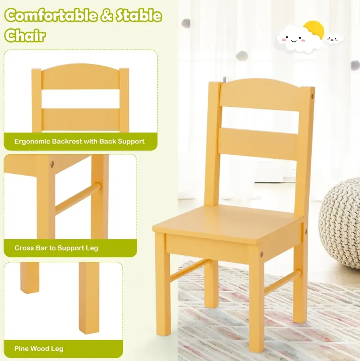 5 pcs Kids Pine Wood Table Chair Set