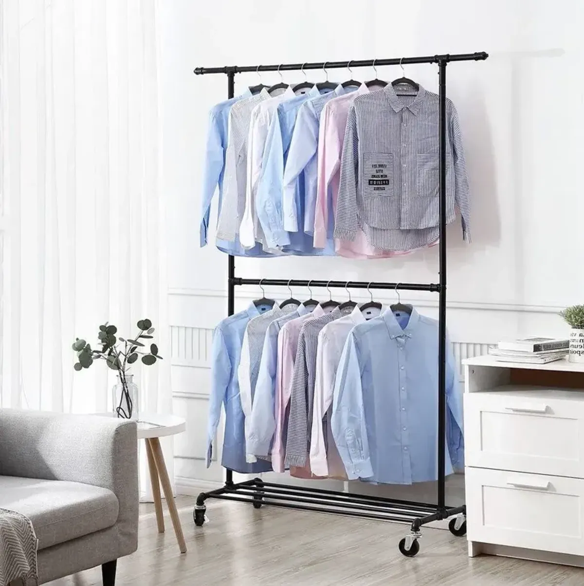 Hivvago Modern Industrial Style Black Powder Coated Garment Rack with Bottom Hanging Rod