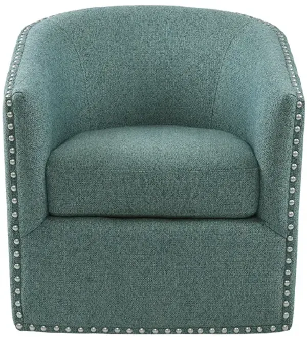 Gracie Mills Leyla Upholstered Barrel Swivel Chair with Black Metal Base