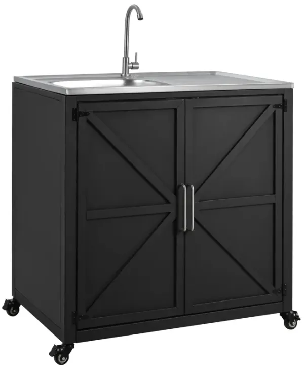 Mondawe Outdoor Movable Kitchen Sink,W/ Adjustable Faucet & Lockable Wheels Portable Cabinet