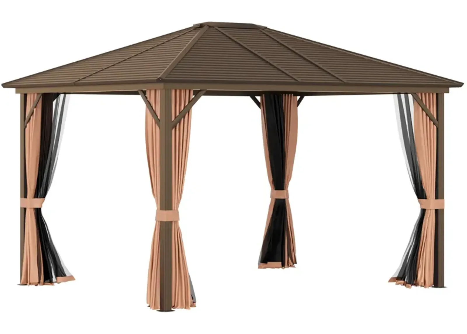 Enduring Garden Sanctuary: 10'x12' Brown-Roofed Metal Gazebo with Netting