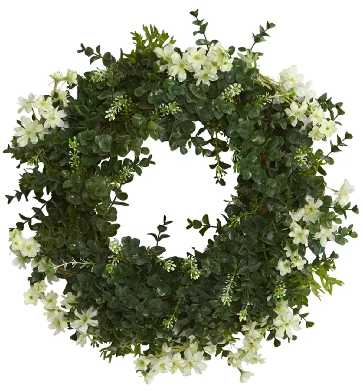 Hivvago 18" Eucalyptus and Dancing Daisy Double Ring Artificial Wreath with Twig Base