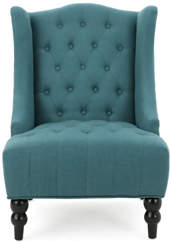 Todd Accent Chair, Teal Blue Button Tufted Fabric, Classic Wingback Design