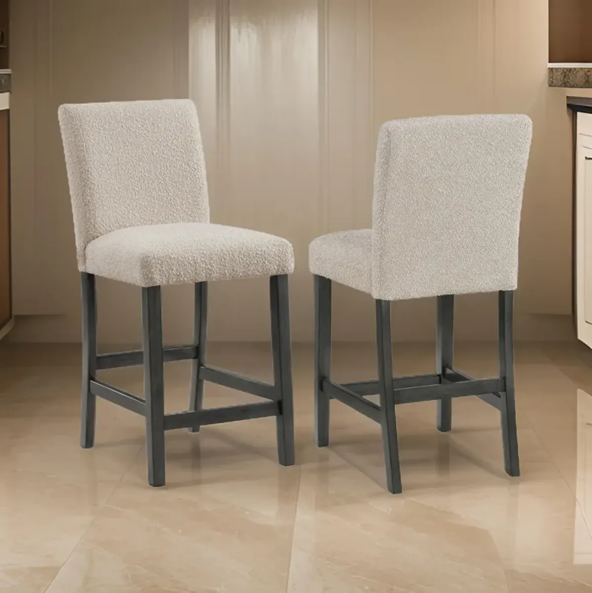 Alora Counter Height Dining Chair Set of 2, Beige Boucle, Charcoal Gray - Benzara