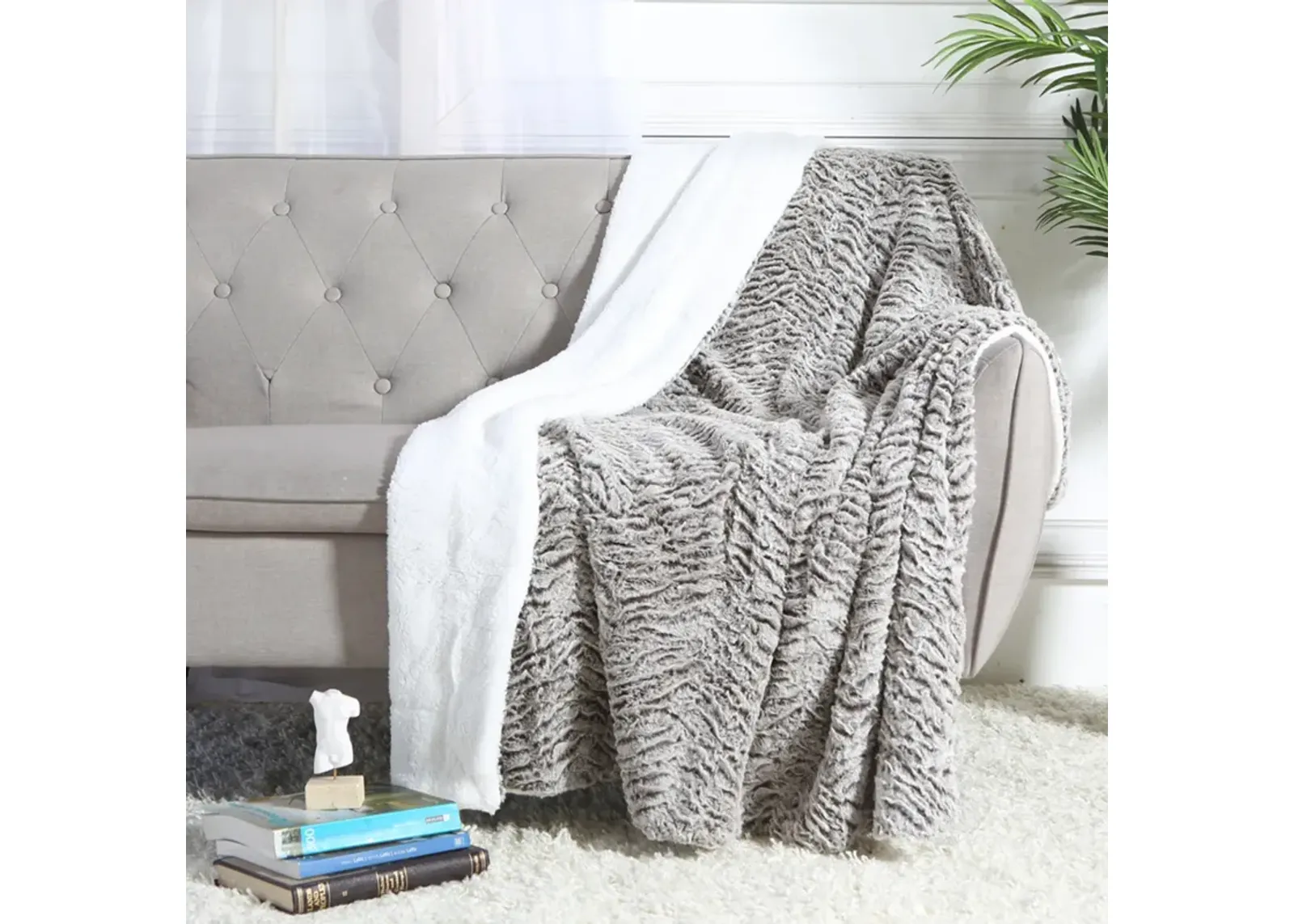 Legacy Decor Luxury Faux Micro Fur Wave Design Ultra Plush and Super Soft Sherpa Fleece Decorative Throw Blanket, Grey 51” x 60”