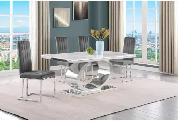 5pc Small(68") marble top dining set with silver base and 4 Dark grey chairs