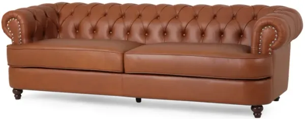 Vian 95 Inch 3 Seater Sofa, Tufted Cognac Brown Faux Leather, Nailhead Trim - Benzara