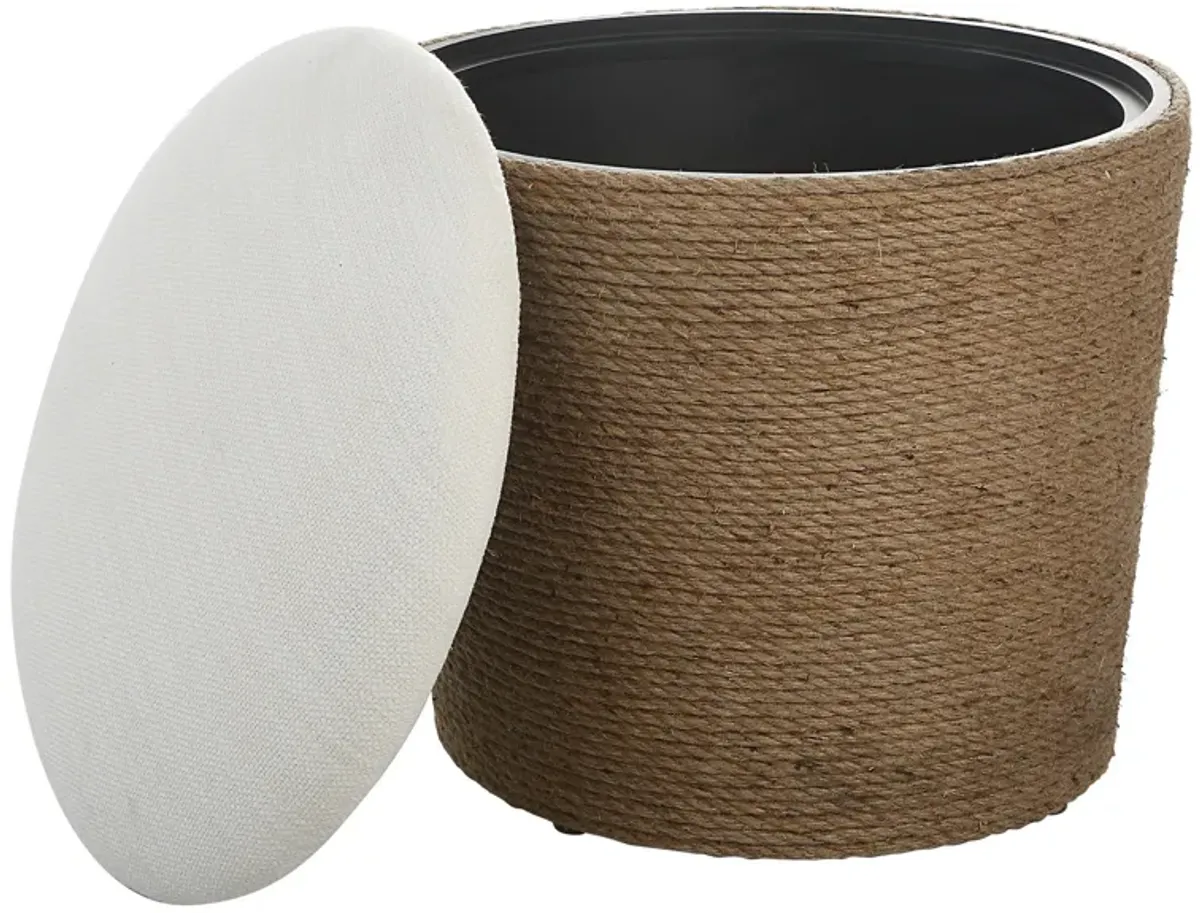 18 Inch Classic Storage Accent Ottoman, Rope Wrapped Base, Off White, Brown-Benzara