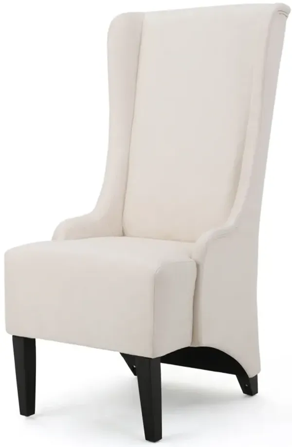 Becca Dining Chair, Beige Fabric, High Wingback, Tapered Black Legs - Benzara