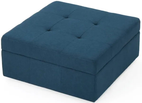 Low Accent Ottoman with Storage, 31 Inch Square, Tufted Navy Blue - Benzara